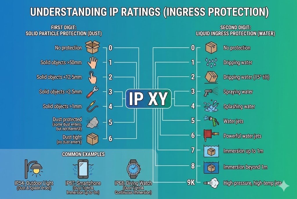 Infographic explaining IP ratings with examples of dust and water protection. alt with keywords