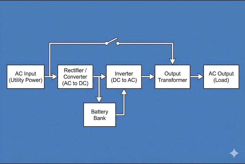 A block diagram showing the flow of power through a transformer, converter, and inverter in a UPS system.