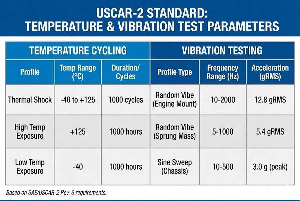 A chart showing temperature and vibration test parameters for USCAR-2 standard. alt with keywords