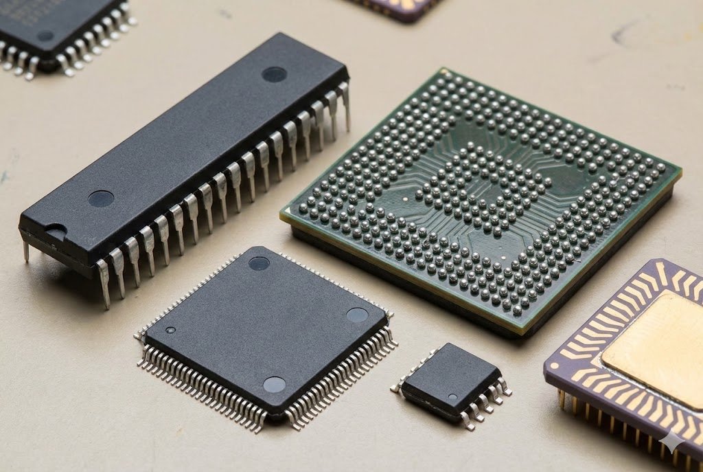 An assortment of different IC packages, like DIP, BGA, and QFP, showing various pin configurations.
