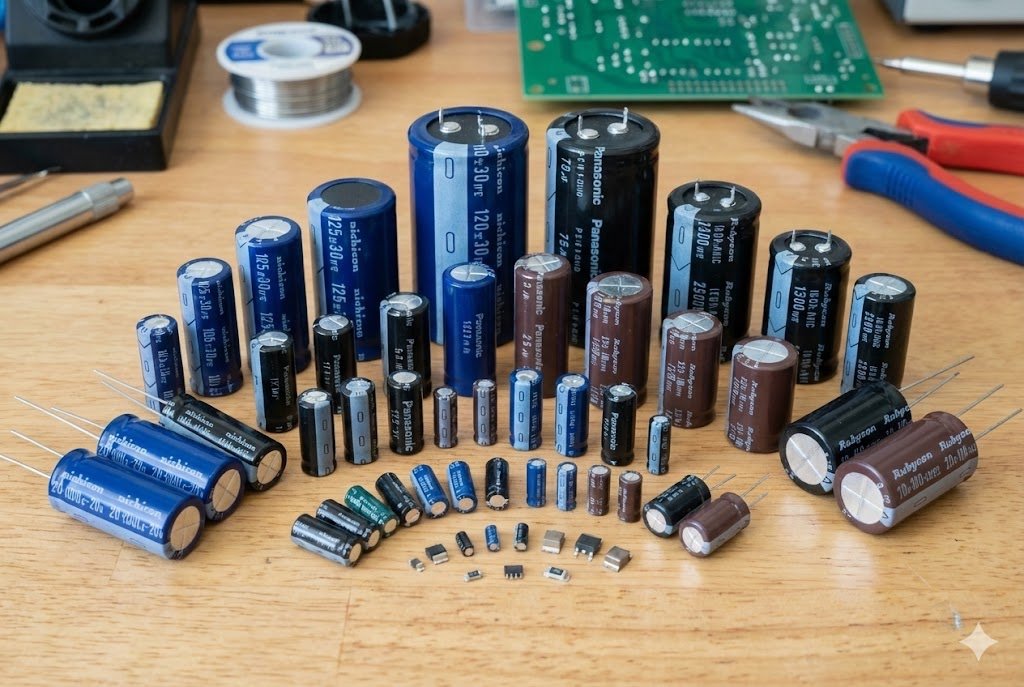 Aluminum Electrolytic Capacitors for Power Supply alt text: A group of aluminum electrolytic capacitors of various sizes