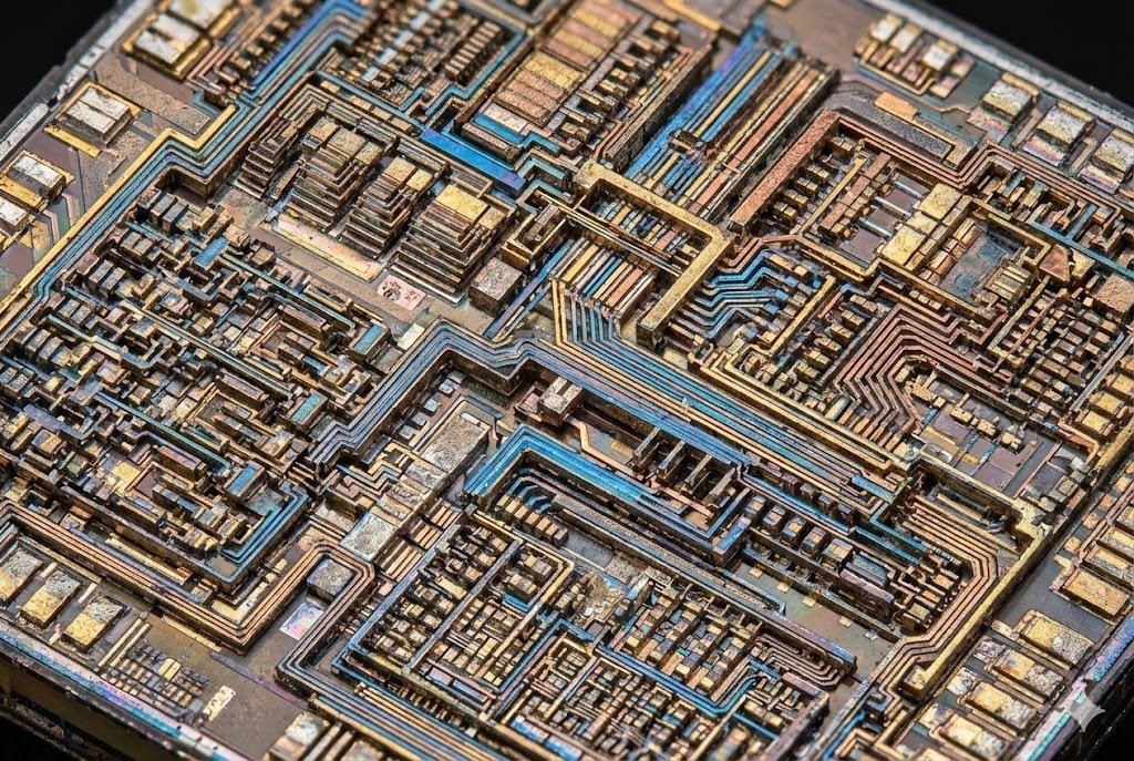 An extreme close-up photo showing the intricate, city-like layers of an Integrated Circuit die.