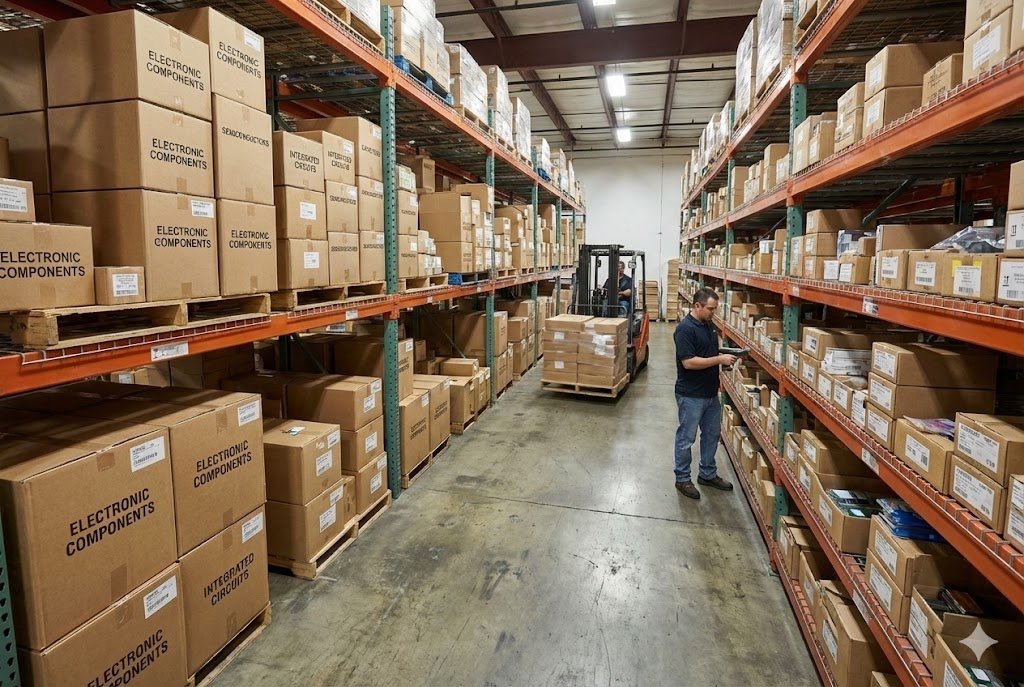 Warehouse aisles with boxes of electronic components