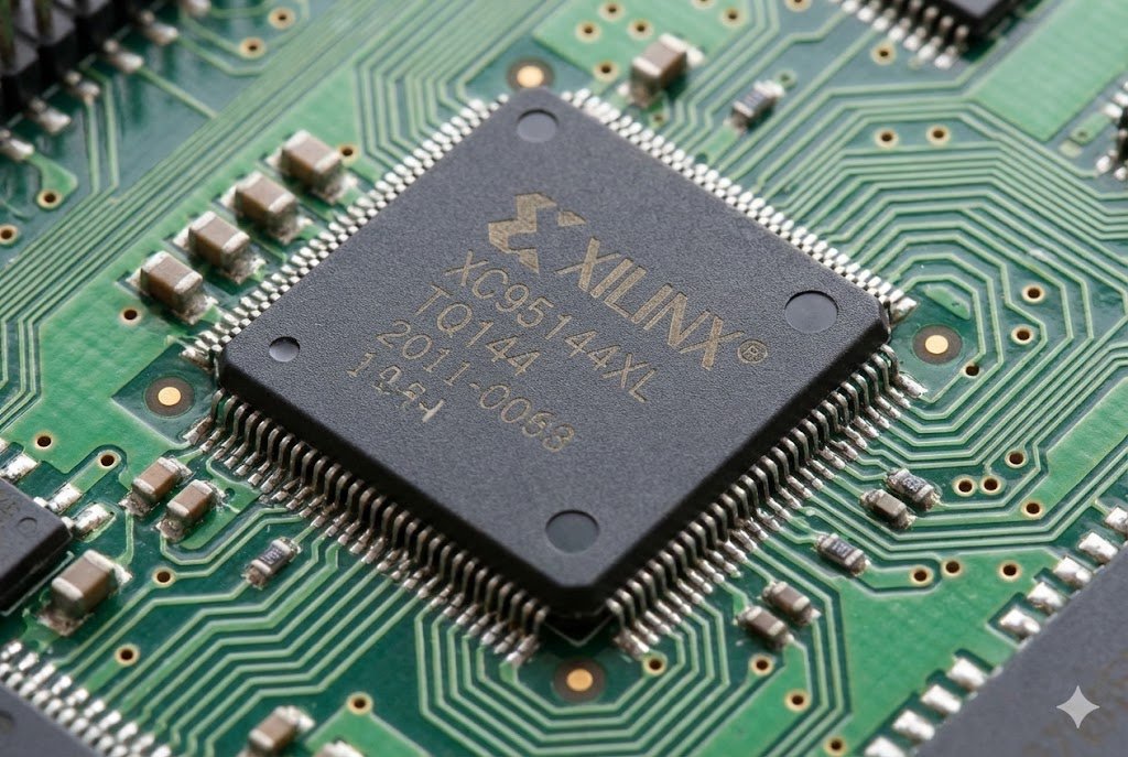 Complex Programmable Logic Device CPLD A close-up of a Complex Programmable Logic Device (CPLD) on a circuit board.