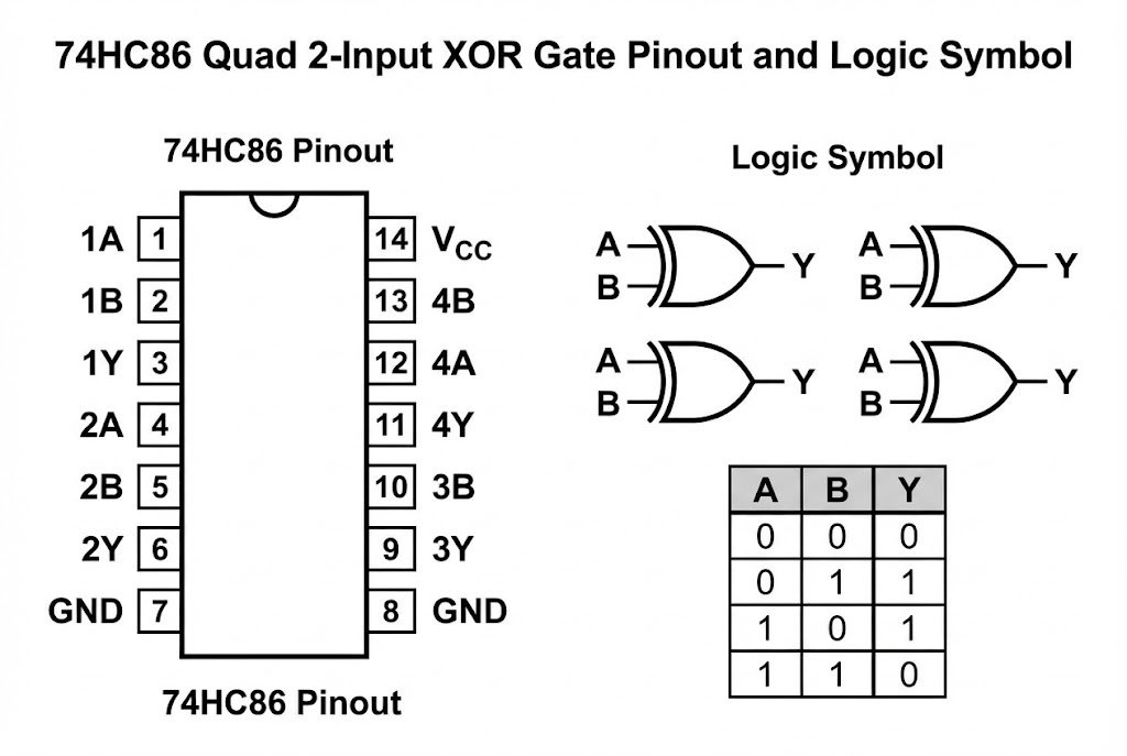 74HC86 XOR Gate Pinout and Logic Symbol