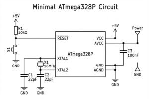 Schematic showing a minimal ATmega328P circuit with resistors, capacitors, and power connections.