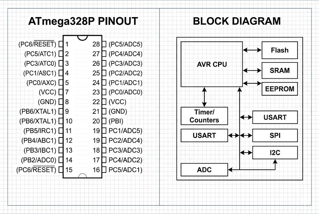 ATmega328P pinout and block diagram