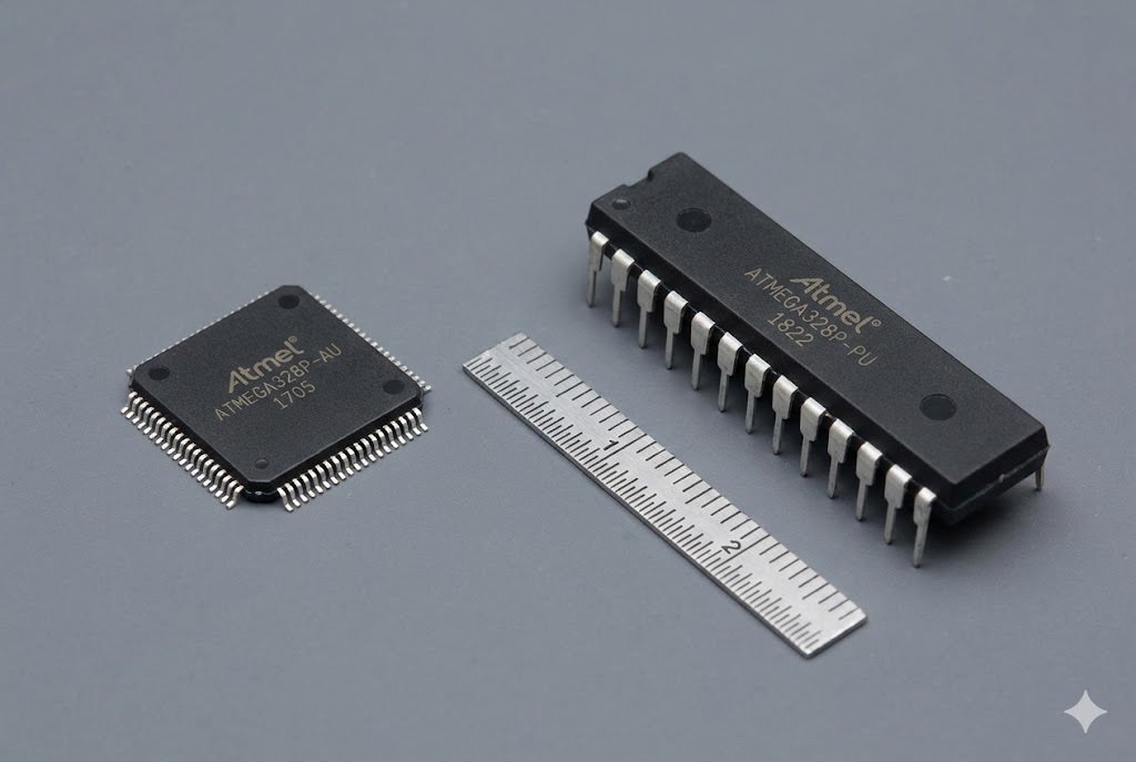 ATMEGA AU vs PU Package Types An image comparing a TQFP (AU) package and a DIP (PU) package side-by-side