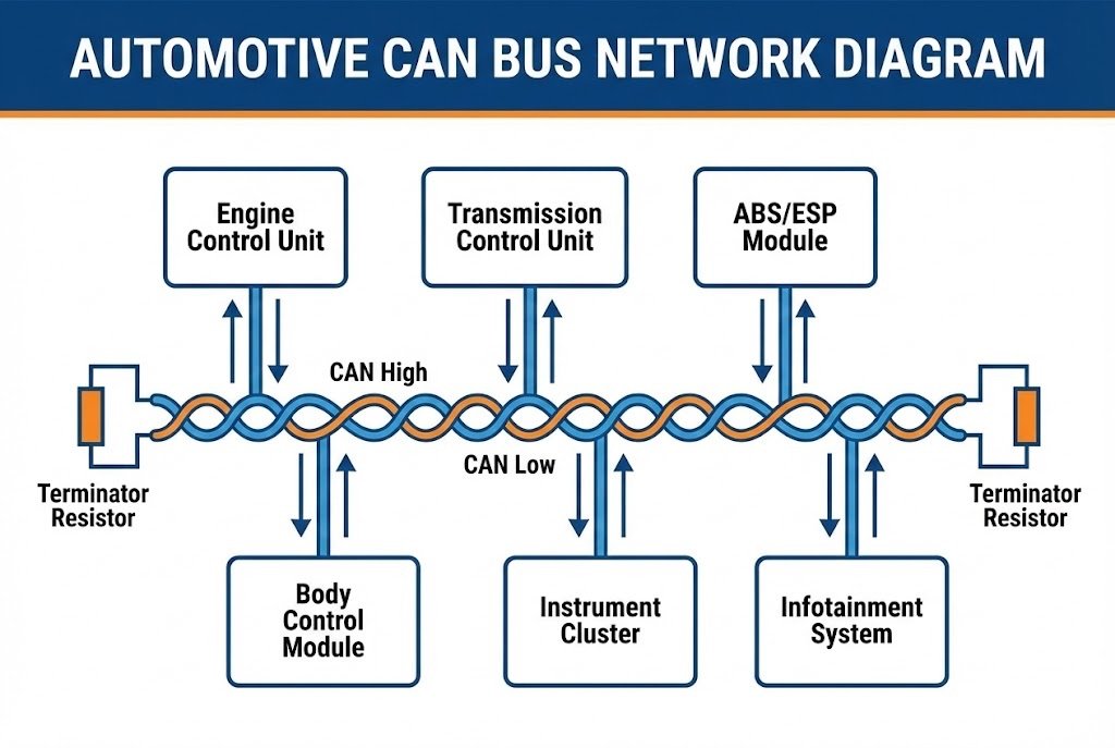 PIC18F25K80 for Automotive CAN Bus A diagram showing a CAN bus network in a car
