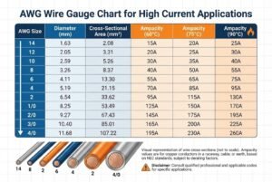 AWG wire gauge chart showing diameter, cross-sectional area, and ampacity for high current applications.