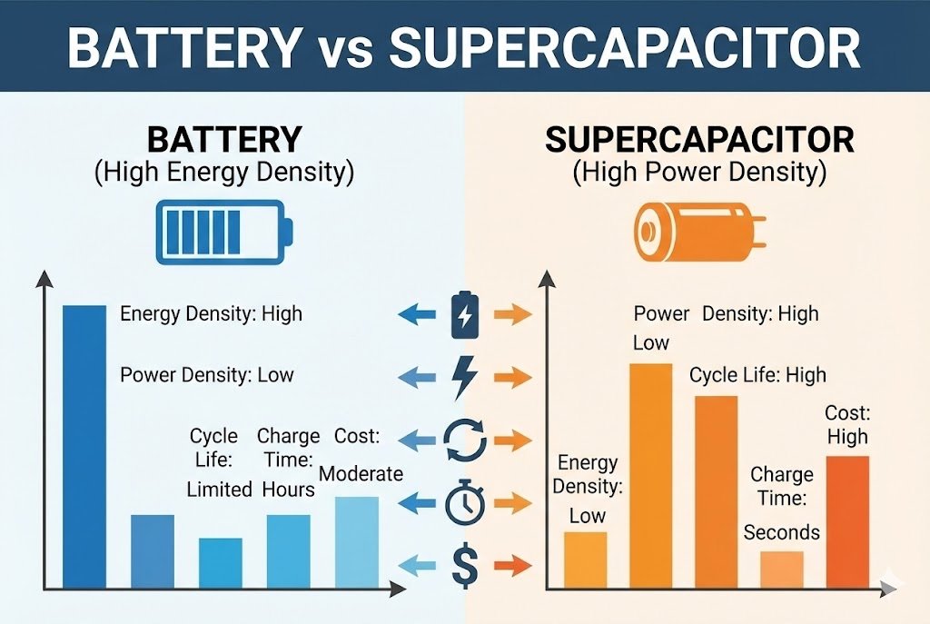 Comparison of energy density and power density Battery vs Supercapacitor chart