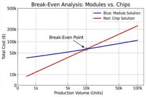 Graph illustrating break-even analysis comparing module and chip solutions with cost and production volume axes.