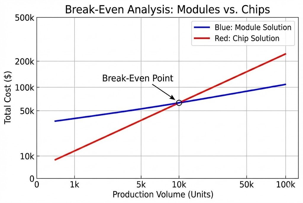 Graph showing break-even point for modules vs chips