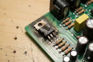 Close-up of a damaged electronic circuit board with a burnt component and visible cracks.