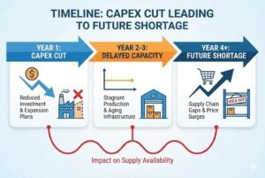 Timeline showing the impact of CapEx cut leading from reduced investment, delayed capacity to future shortage.