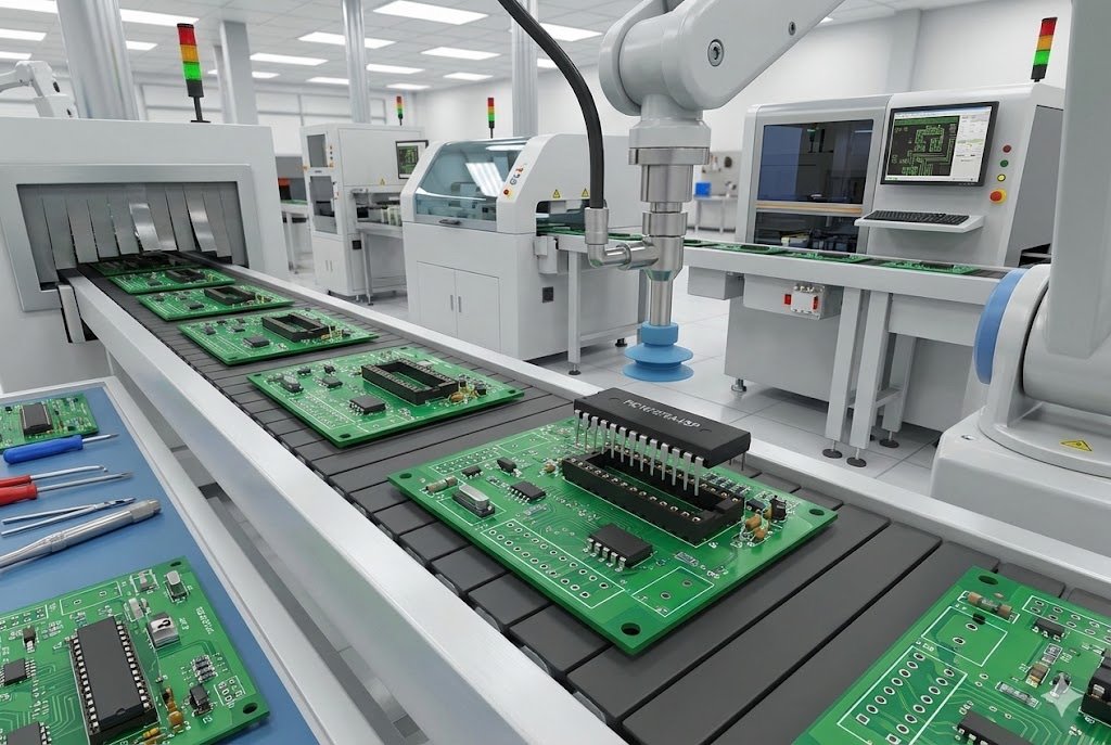 PIC16F876A-I/SP in Production A production line with PCBs featuring the PIC16F876A-I/SP