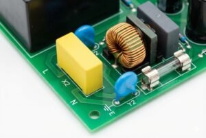 Close-up view of an electronic circuit board featuring a yellow capacitor, coiled inductor, and other components.