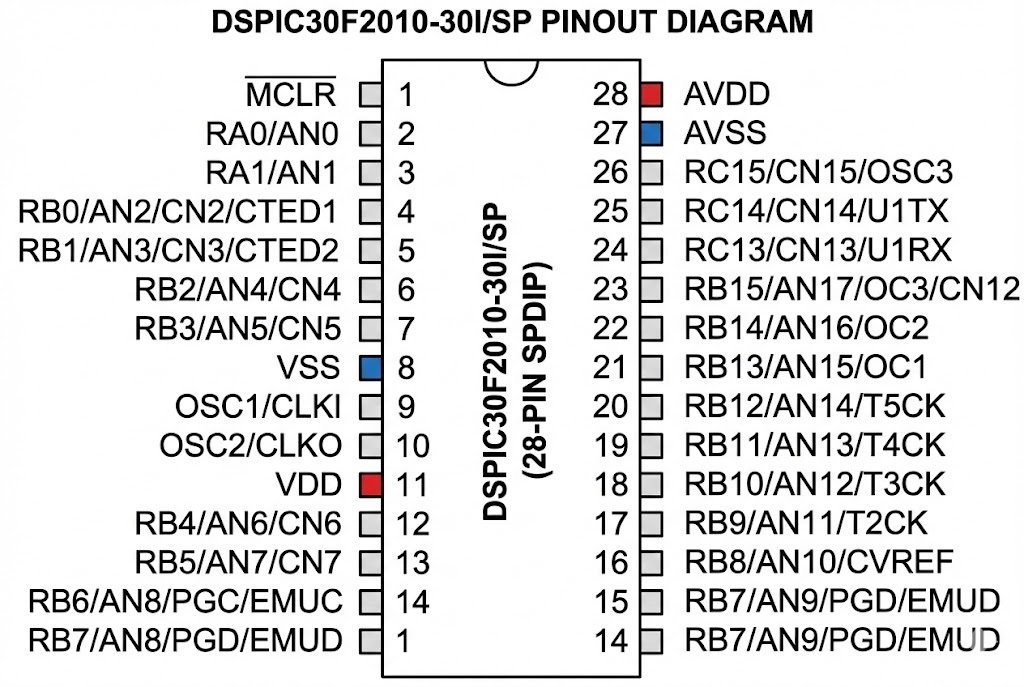Pinout diagram for DSPIC30F2010-30I/SP