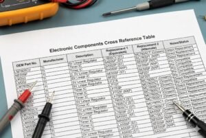Cross reference table for electronic components with multimeter and probes on a blue surface.