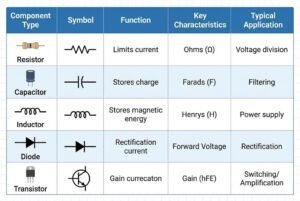 Table showing electronic components, symbols, functions, key characteristics, and applications.