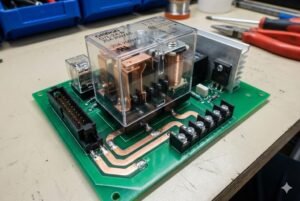 A detailed view of an electronic relay circuit board on a workbench with tools in the background.