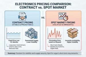 Electronics pricing comparison between contract and spot market, highlighting stability versus volatility.