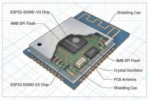 Detailed diagram of ESP32-D0WD-V3 chip with components labeled: 4MB SPI Flash, Crystal Oscillator, PCB Antenna, Shielding Can.