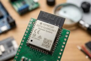 Close-up of an ESP32-S3-WROOM-1 module on a green circuit board, by Espressif Systems.