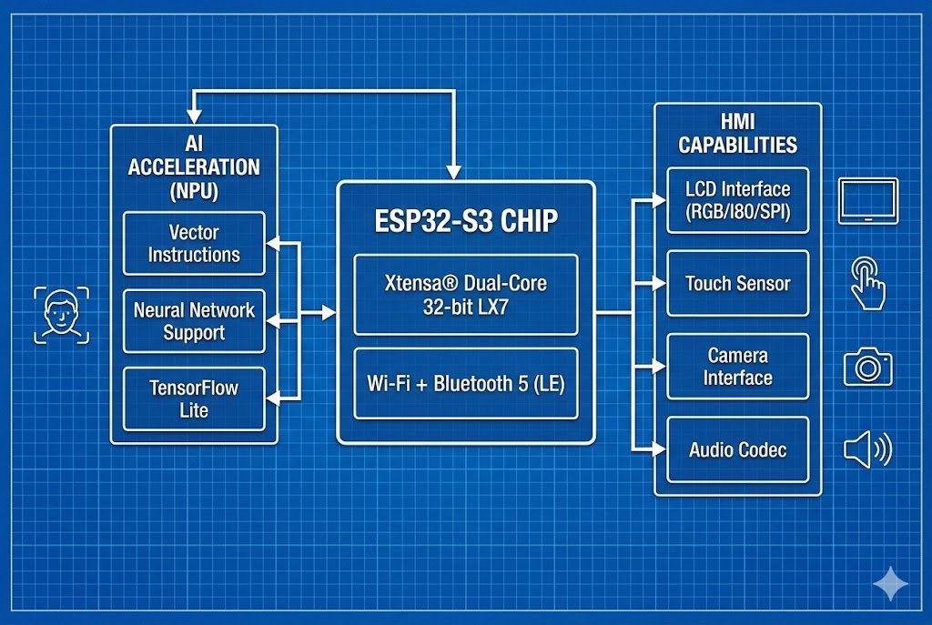 ESP32-S3 chip diagram showing AI and HMI capabilities