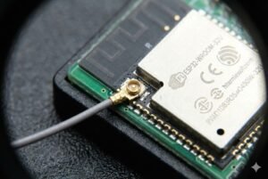 Close-up view of an ESP32-WROOM wireless module with antenna connector on a circuit board under a magnifying lens.