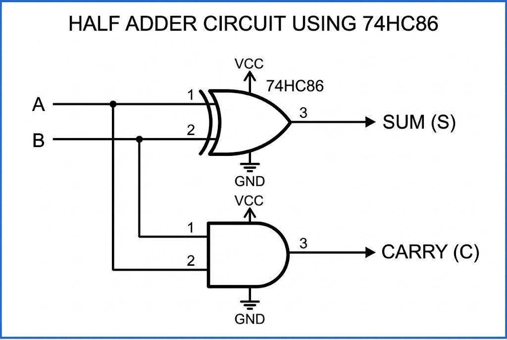 Circuit Diagram of Half Adder using 74HC86