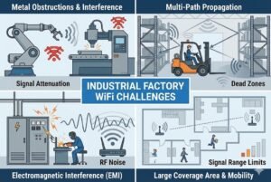 Illustration of industrial factory WiFi challenges, including metal obstructions, interference, dead zones, RF noise, and signal range limits.