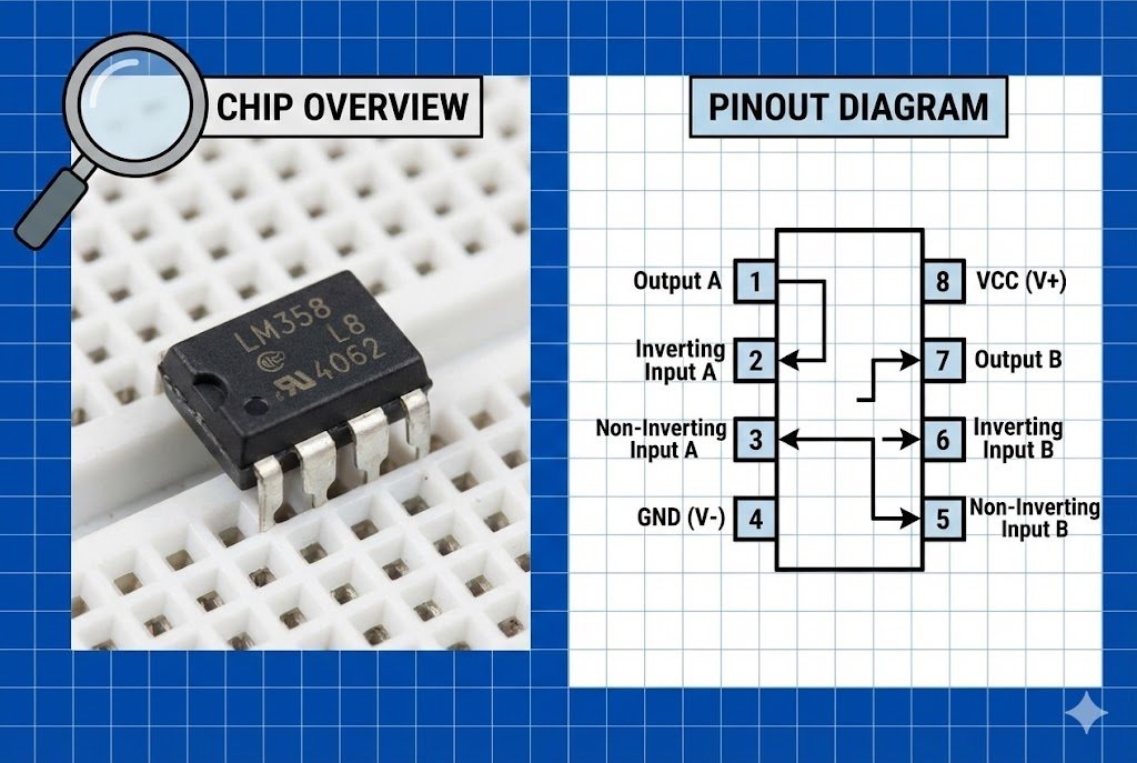 LM358 Overview LM358 pinout and chip overview