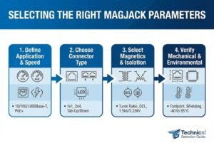 Flowchart illustrating the steps to select the right MagJack parameters including speed, connector type, magnetics, and environmental verification.