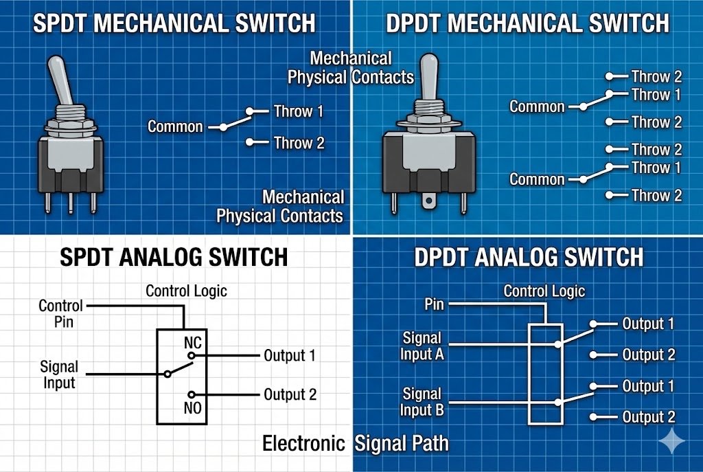 DPDT vs SPDT Switch Types DPDT vs SPDT mechanical and analog switch comparison