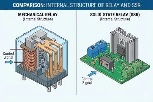 Diagram comparing internal structures of mechanical and solid state relays, showing components and control signals.