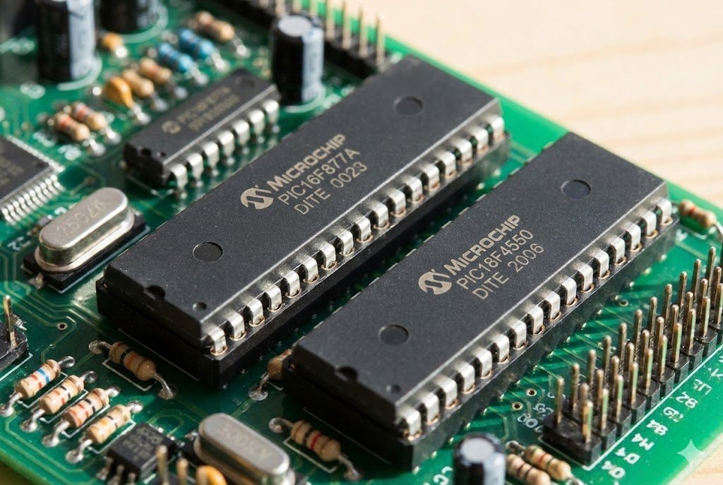 PIC12F and PIC18F MCUs for Manufacturing A close-up of PIC microcontrollers on a circuit board