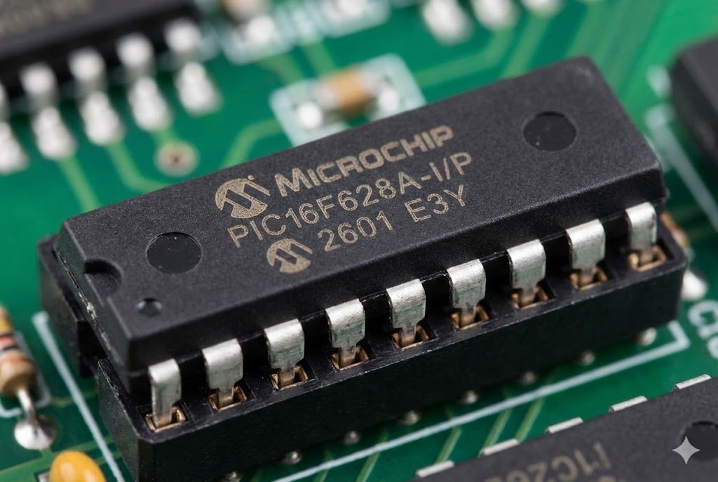 PIC16F628A-I/P Microcontroller Close-up of a PIC16F628A-I/P microcontroller chip