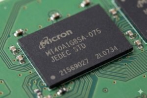 Close-up view of Micron memory chip on green circuit board with detailed circuitry.