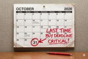 October 2026 calendar with 'Last time buy deadline critical' marked on 31st.