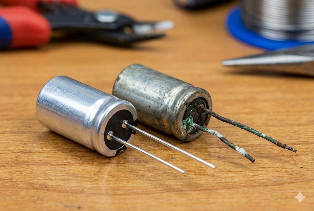 Fresh Date Code vs Old Stock An image showing a new, shiny component next to an old, tarnished one with oxidized leads