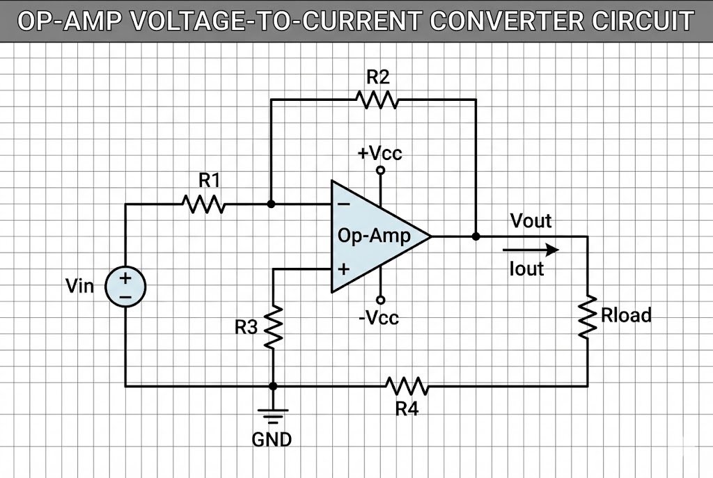 Op-Amp voltage to current converter circuit schematic