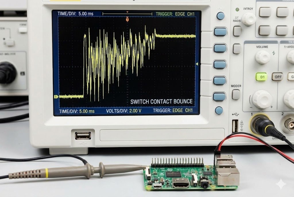 Mechanical Switch Contact Bounce Oscilloscope view of switch contact bounce