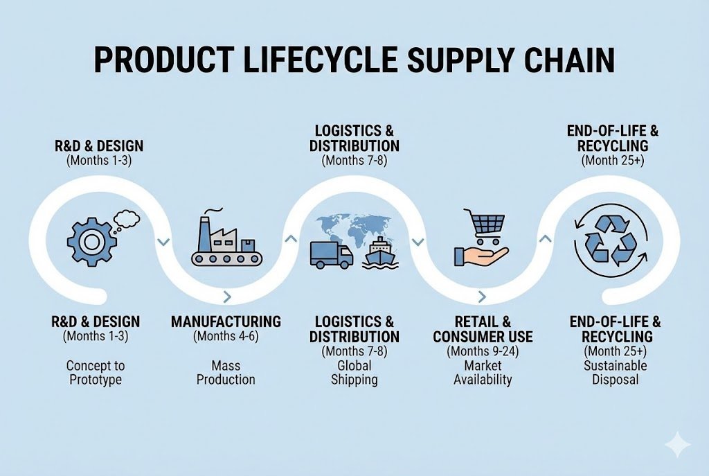 Supply chain timeline showing product lifecycle