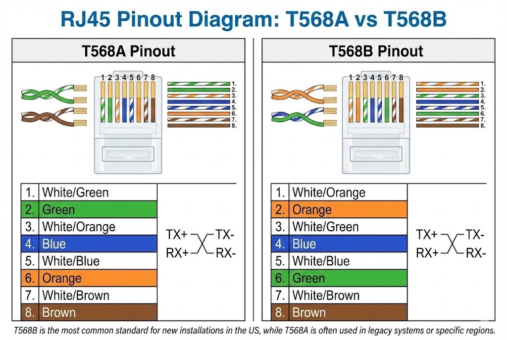 RJ45 Pinout Diagram T568A vs T568B