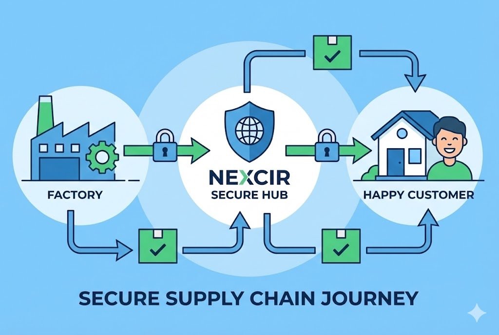 Guaranteed Original Components Supply Chain An illustration of a secure supply chain, from factory to Nexcir to the customer