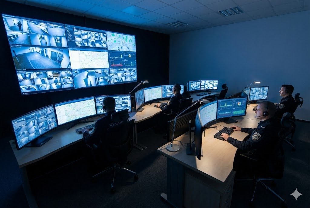 Security and Broadcasting Application Security room with multiple monitors