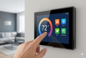Hand adjusting a smart thermostat showing 72°F with various control options on a wall-mounted display.