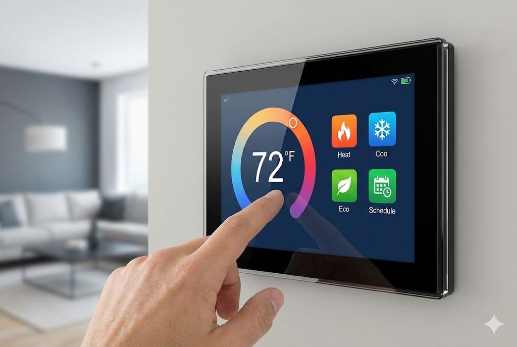 Smart home thermostat with colorful touch screen interface