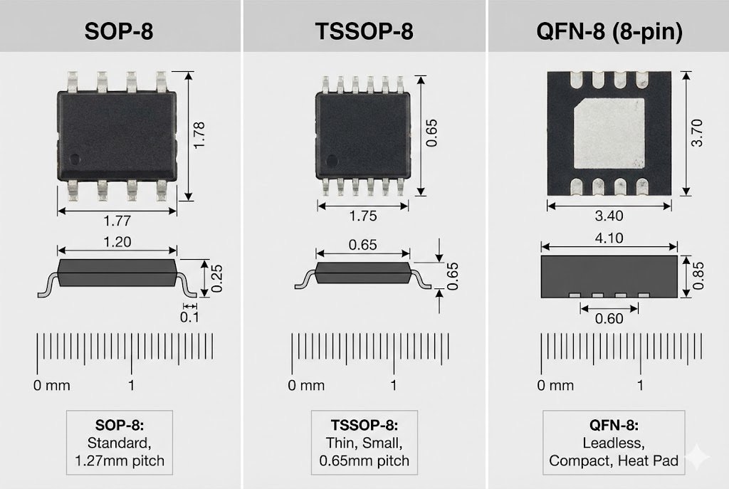 SOP-8 vs TSSOP-8 vs QFN package comparison